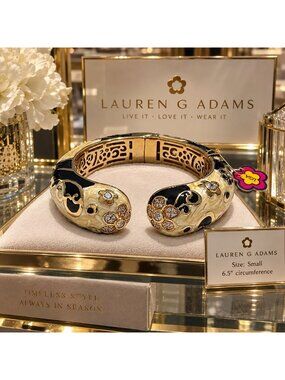 Lauren G Adams Daisy Swirl Black Gold Enamel Crystal Hinged Cuff Bracelet small